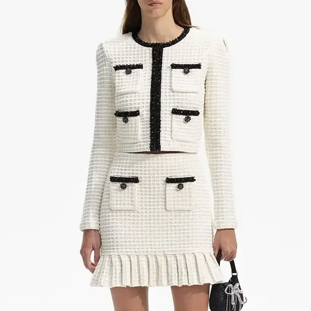 

Women Sequins Edge Round Neck Long Sleeve Pockets Coat Or Pleated Hem High Waist Mini Skirt