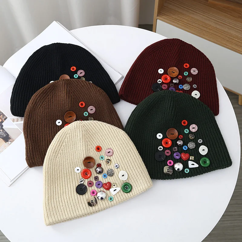 

Fall Winter Female Knitted Wool Hat Women Acrylic Beanie Hat with Assorted Colorful Buttons Emblishment Warm Ears Hat Girls