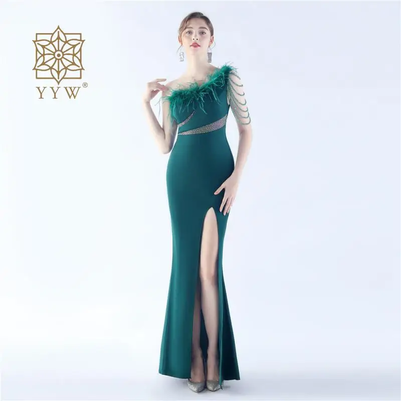 

2023 Female Evening Mermaid Elegant Prom Dress Feather Beading Long Dress Women Wedding Banquet Gala Ball Gowns vestido de noche