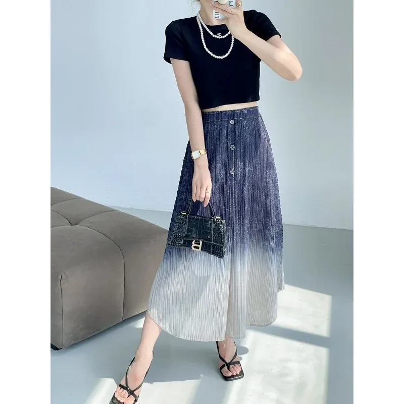 

Женская джинсовая юбка миаке, плиссированная юбка миаке с градиентом, облегающая универсальная юбка с высокой талией, лето 2024