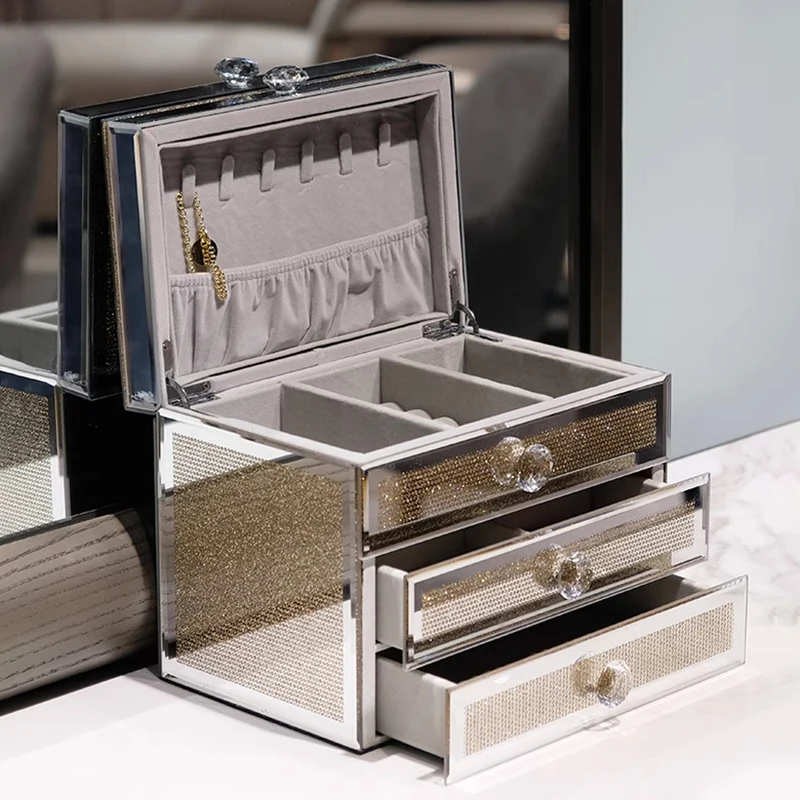 Silver Glass Jewelry Storage Box Luxury 3 Layers Large Capacity Jewelry Boxes Earrings Necklace Makeup Drawer Organizers Gifts 4