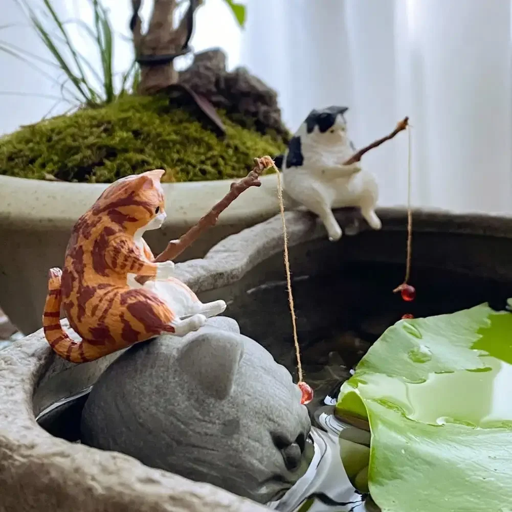 Cute Fishing Cat Ornaments Aquarium Decoration Fish Landscaping Cartoon Cat Statue Mini Resin Figurine Home Decorations