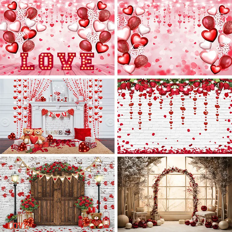 

Valentines Day Backdrop Pink Brick Wall Red Rose Flower Love Heart Balloon Background Party Decoration Portrait Photo Booth Prop
