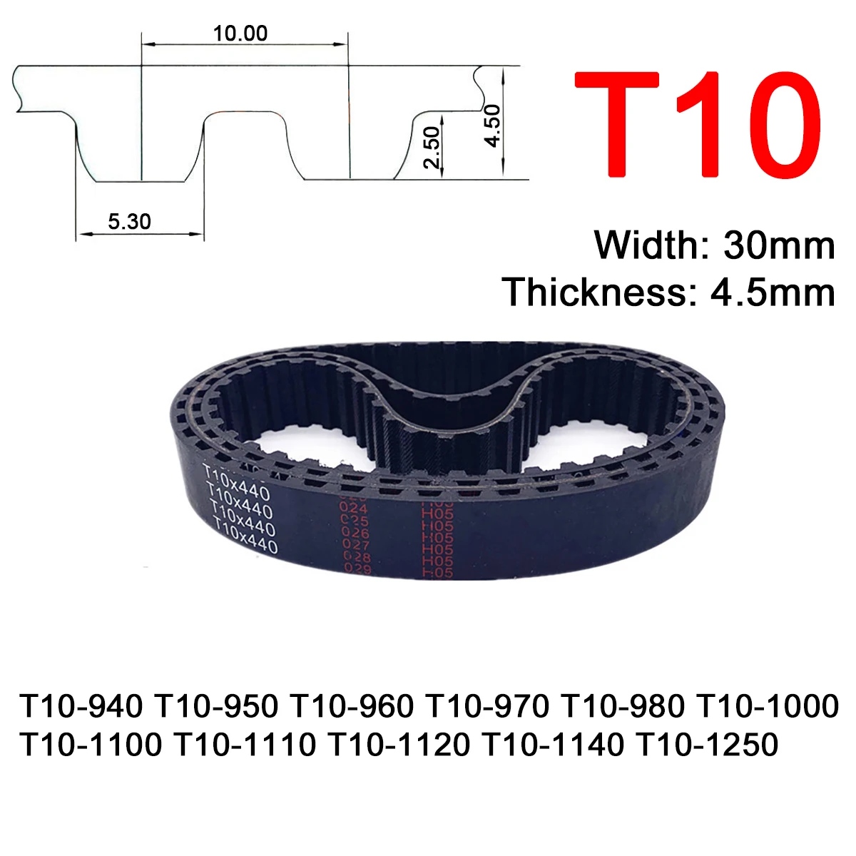 

1Pc Width 30mm T10 Rubber Arc Tooth Timing Belt Pitch Length 940 950 960 970 980 1000 1100 1110 1120 1140 1250mm Drive Belts