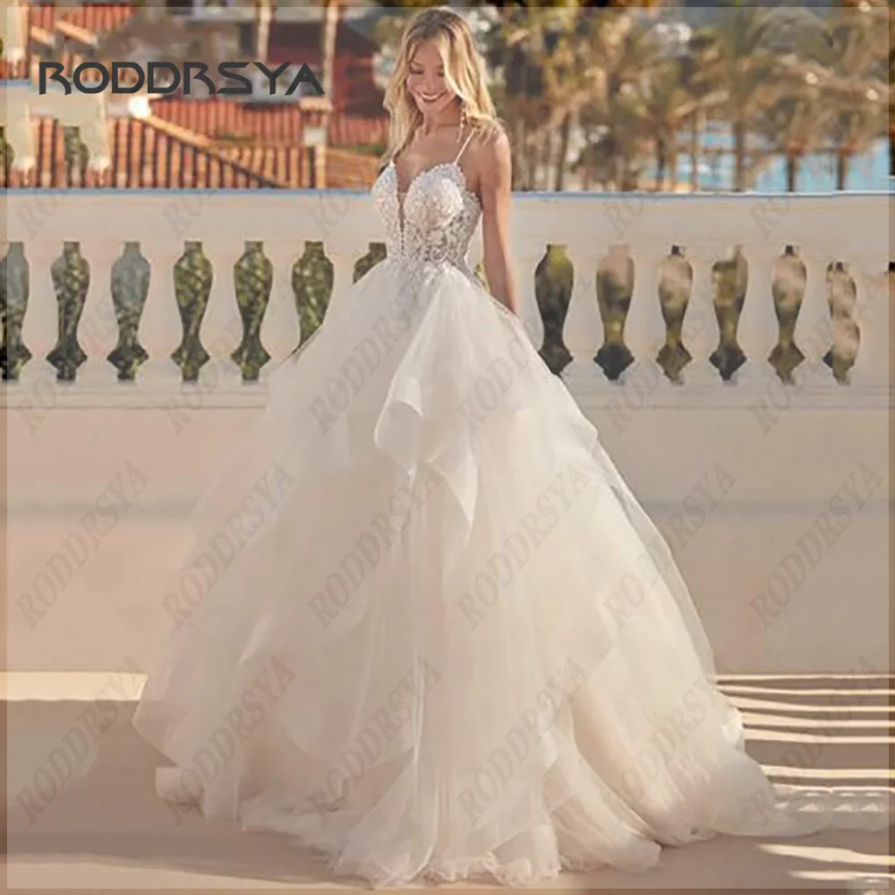 

RODDRSYA Sexy A-Line Tulle Wedding Dress V Neck Spaghetti Straps Sleeveless Lace Backless Floor Length Sweep Train Vestido de No