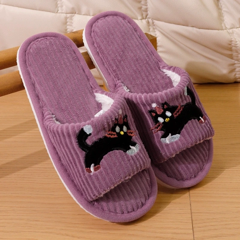 Cartoon Embroidery Cat Women's Slippers Spring Autumn Funny Flat Heel Corduroy Slides Woman Indoor Non Slip Home Cotton Slippers