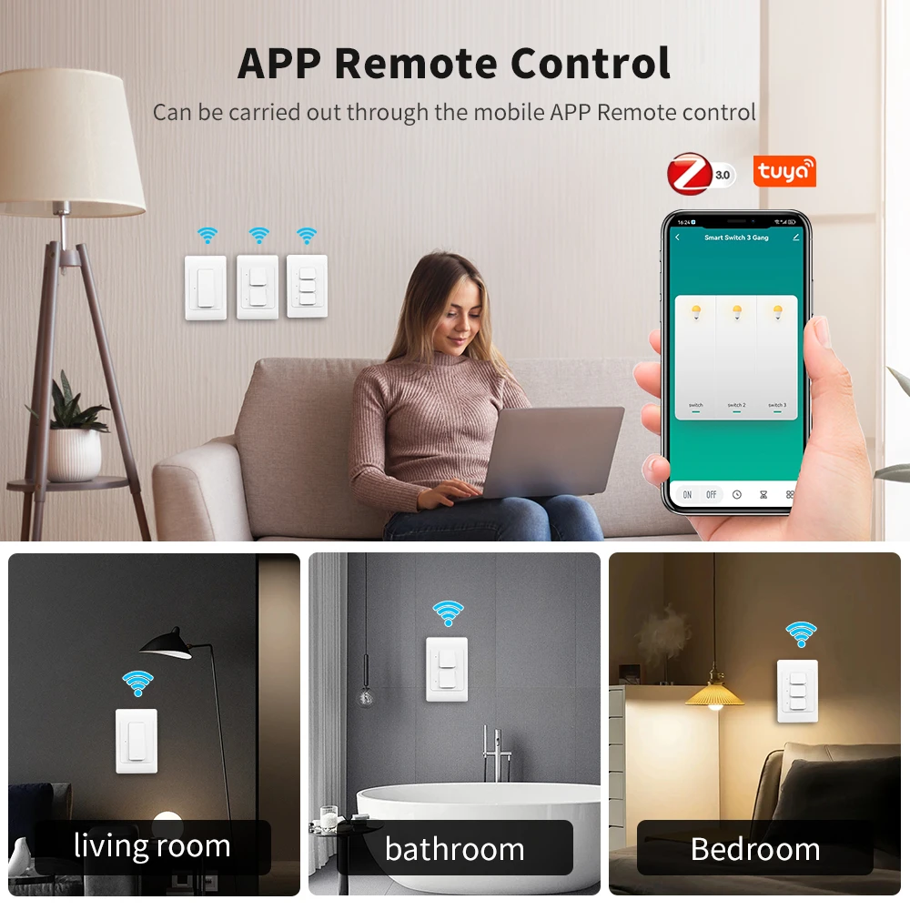 Tuya WiFi/Zigbee Smart Wall Light Push Button Physical Switch 100-240V 1/2/3 Gang Remote Control Work with Alexa Google Home