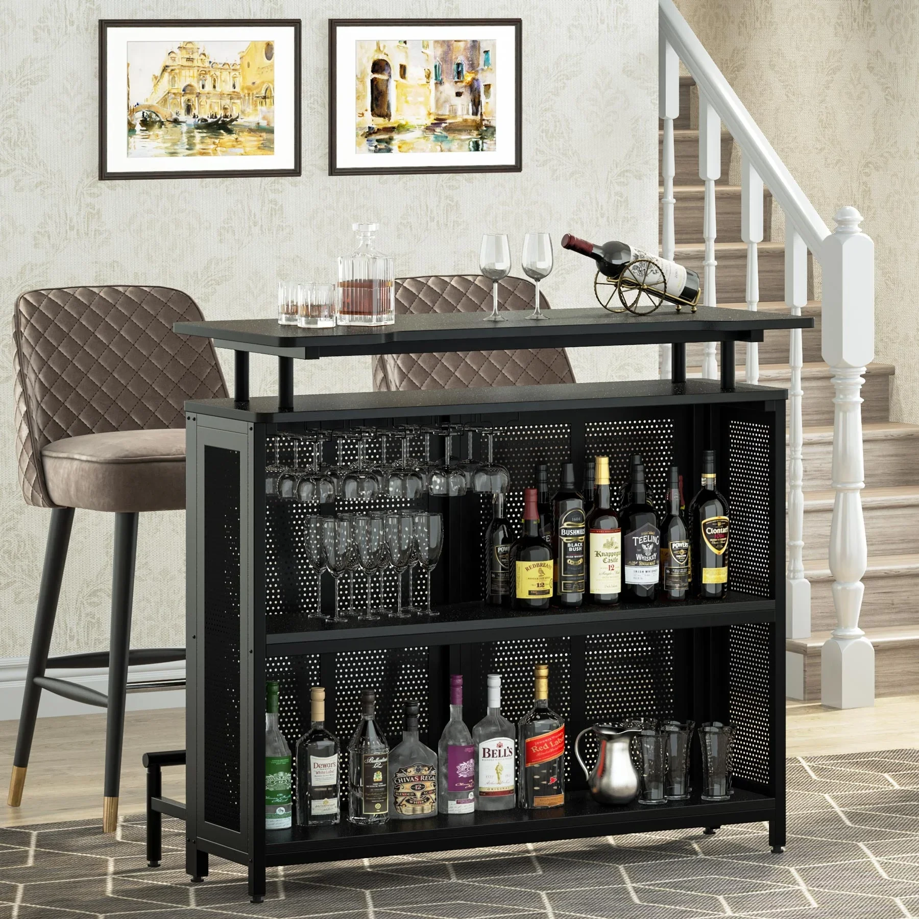 Tribesigns Furniture 3 tier coffee bar table with storage shelves cabinet for holiday pub furniture Wine rack