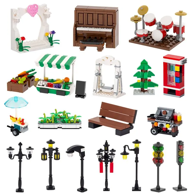 MOC Stadt Serie Hochzeit Bogen Straße Licht Drum Kit Schaukel Stuhl Park Street View Bausteine Spielzeug Für Kinder Kreative Geschenke