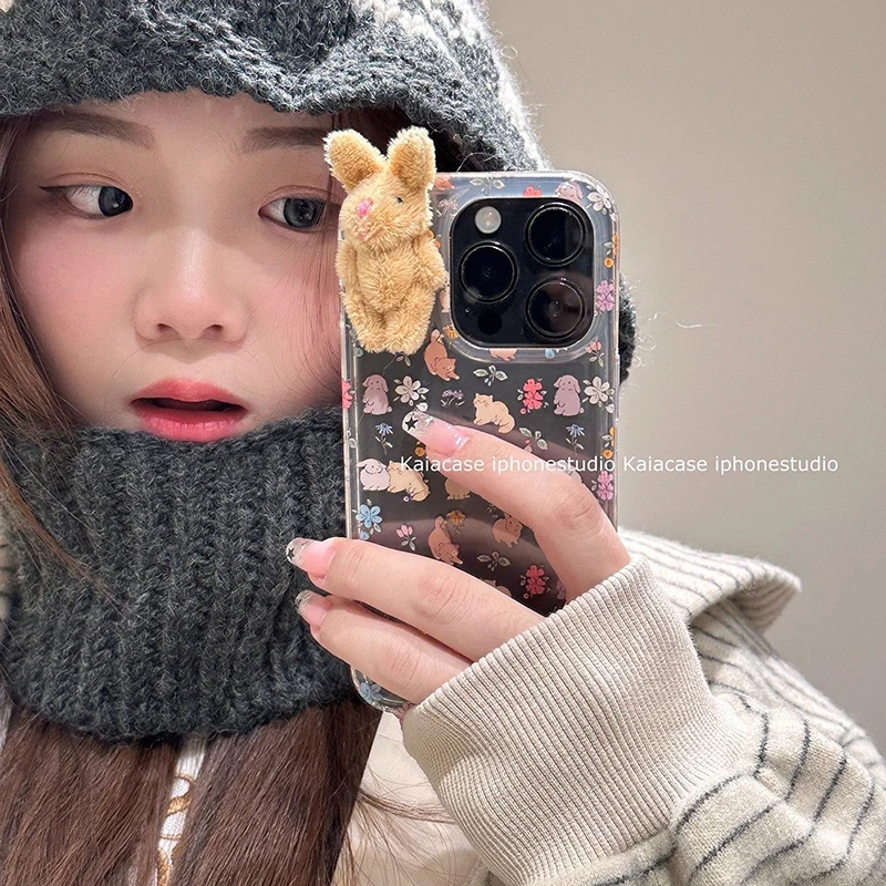 3D Plush Rabbit Cartoon Transparent Soft Phone Case