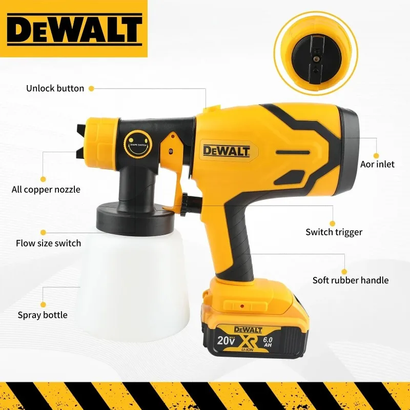 Dewalt 800ML 무선 전기 스프레이 건 휴대용 페인트 분무기 고출력 자동 가구 코팅 에어브러시 도구
