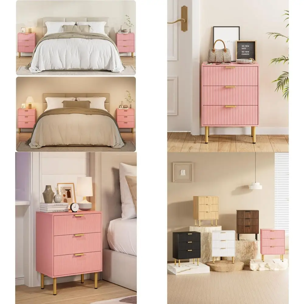 3-Drawer Pink Modern Nightstand with Gold Frame for Bedroom & Living ...