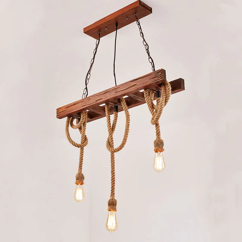 

Retro Vintage Loft Industrial Style Chandelier American Restaurant Bar Coffee Shop Creative Wooden Pendent Lamp Hemp Rope Lamp