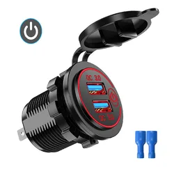 Dual USB Fast Car Charger with Waterproof Touch Switch, Quick Charge 3.0 Power Outlet (Red no wire)