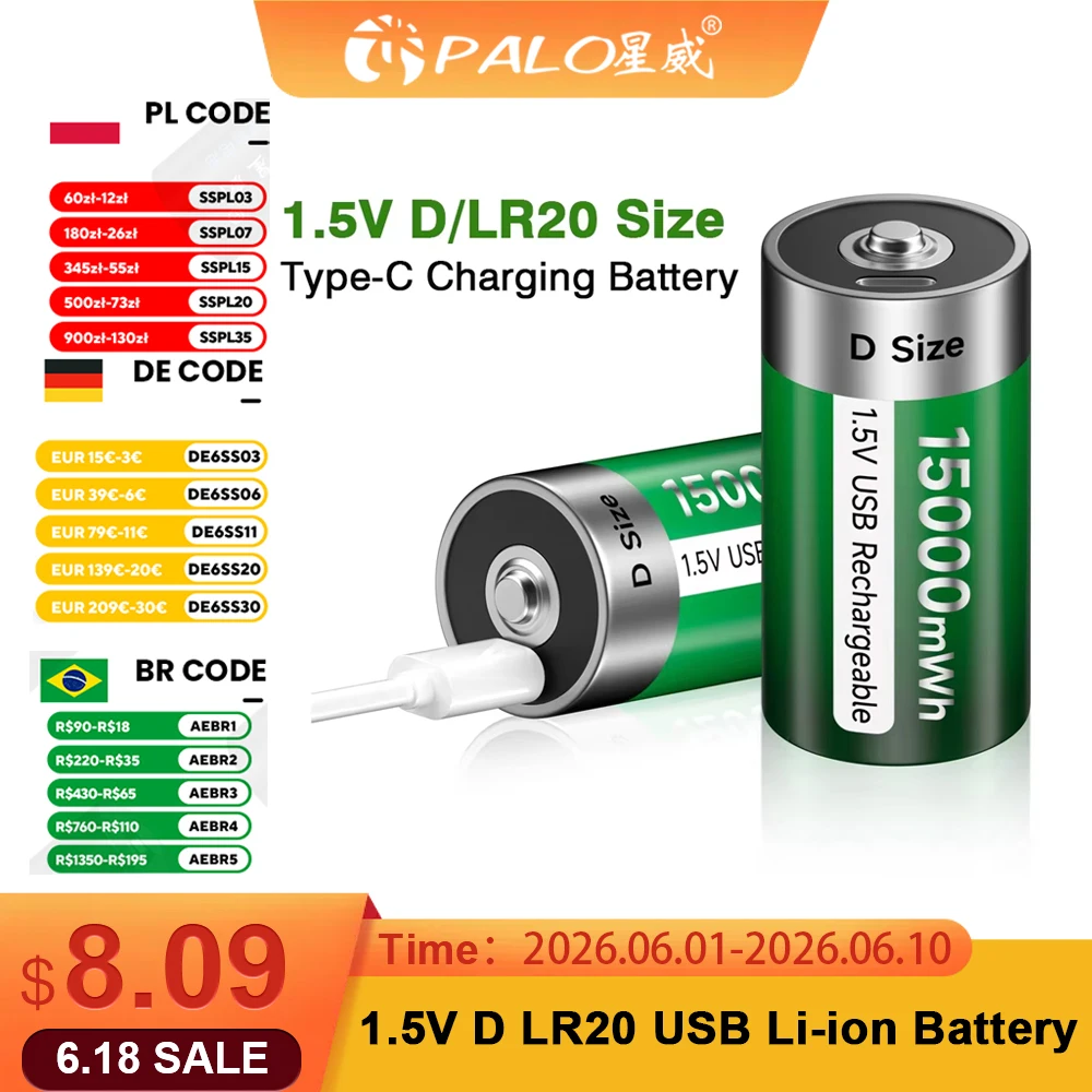 PALO 100% Original 1.5V D Size Rechargeable Battery Type-C USB Charging D R20 LR20 Li-ion Batteries Battery For Heater Gas Stove