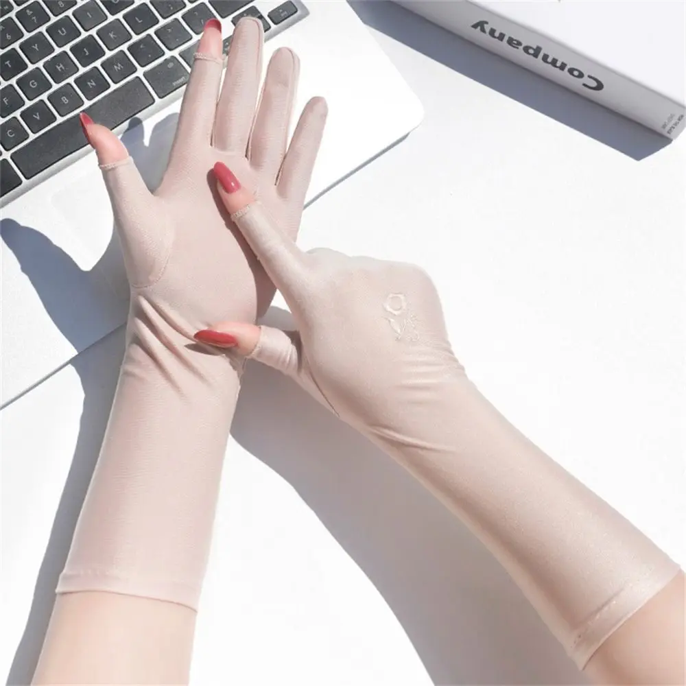 Women Girls Mid-long Sunscreen Gloves Summer Spring Thin Elastic Anti UV Driving Gloves Slip Resistant Etiquette Gloves