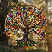 Stained Glass Window Wall Hanging Ornament With Gold Rope Round Tree Of Life Suncatcher Home Decoration Housewarming Gifts 2