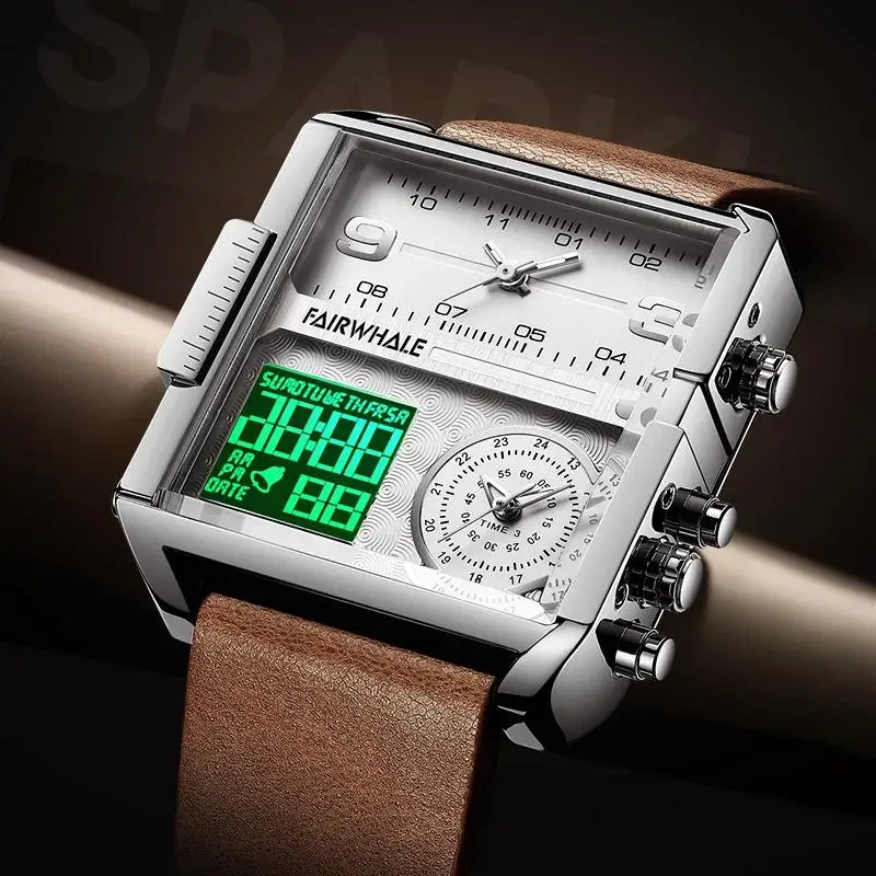 Multifunctional Watches Mens Fashion Military Double Explicit Watches Luxury Leather Strap Square Quartz 3 Time Zones Wristwatch