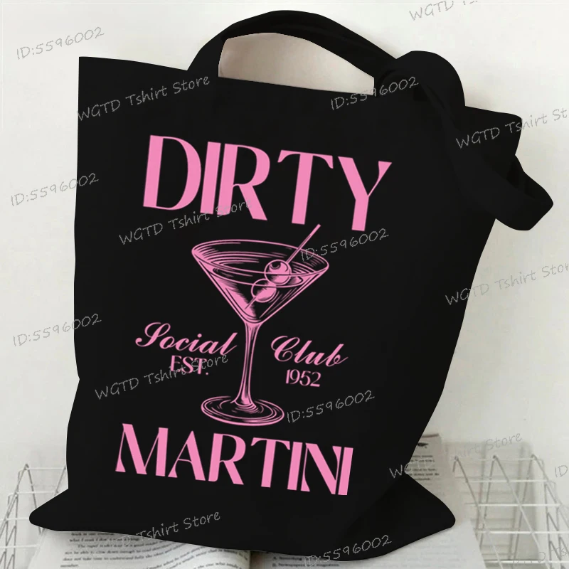 Bedruckte, lässige Damenhandtasche im 90er-Jahre-Stil mit Gin-Tonic-Martini-Motiv, vielseitige Schultertasche mit Social-Club-Muster, Canvas, für Damen und Herren_voghion.com