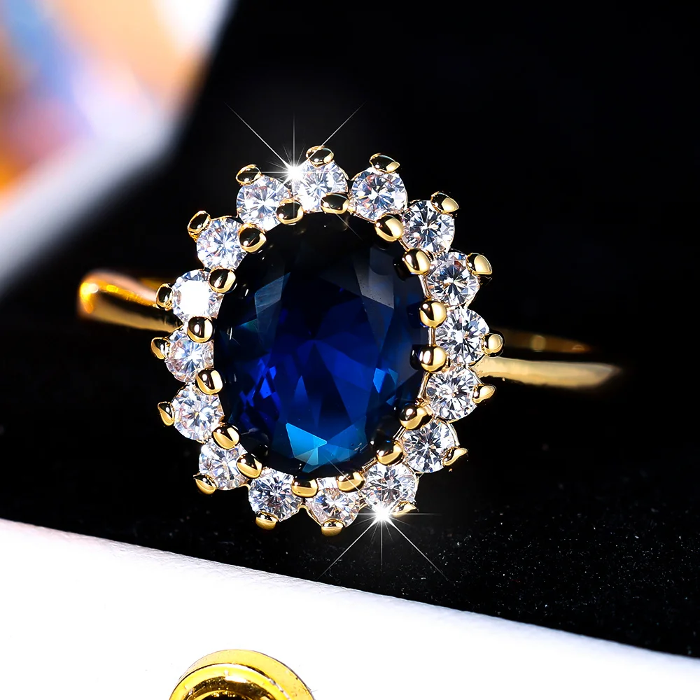 Female Luxury Crystal Blue Oval Zircon Stone Engagement Ring Vintage Yellow Gold Color Wedding Jewelry For Women