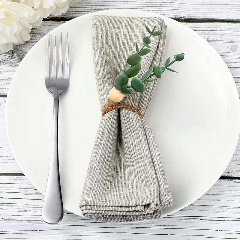 6 Pieces Eucalyptus Napkin Rings Handmade Wooden Beads Home Decor Faux Greenery Napkin Holders for Weddings Party Etc