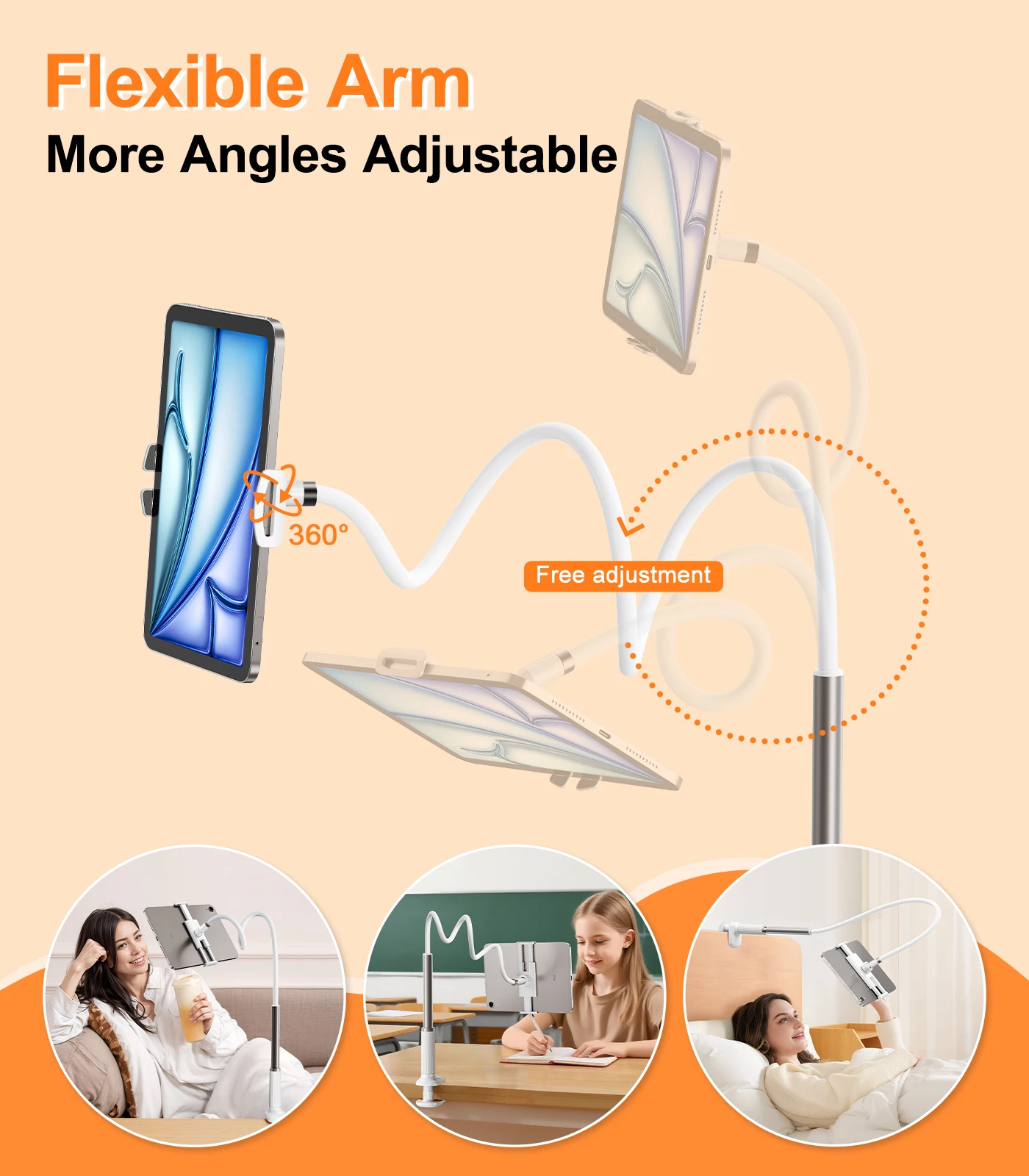 Eary Gooseneck Phone Holder Tablet Stand for Bed Clamp Cell Phone Mount Desk Flexible Long Arm Adjustable for 4.7-12.9"In Device