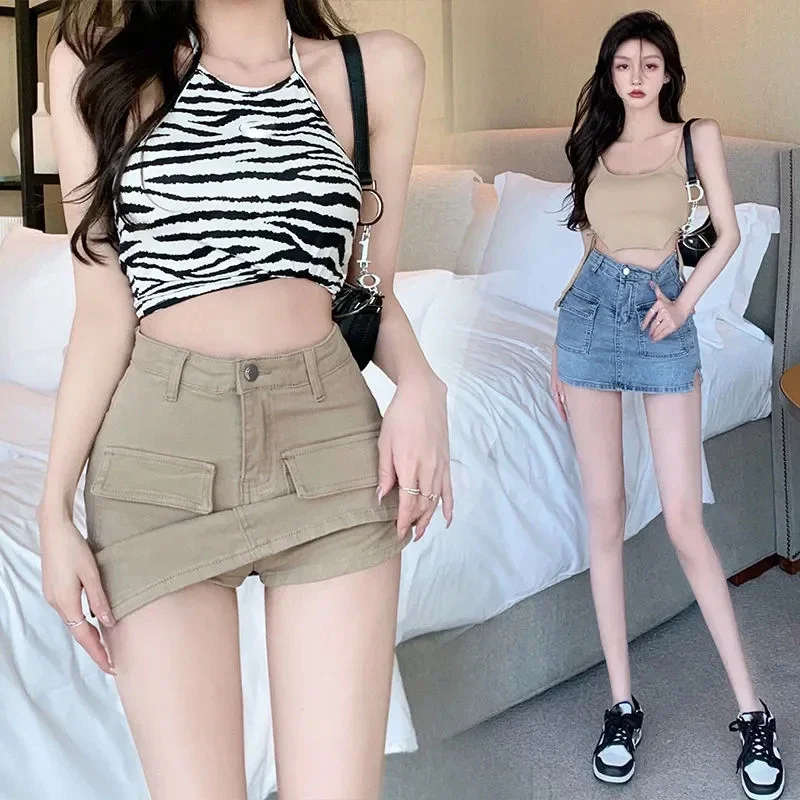 Sexy High Wiast Denim Mini Skirt Women Sexy Hot Girl Tight Bag Hip Skirts Female Korean Style Pocket Jean Skirt Shorts Y2k new 2023 flower print color block v neck lantern sleeves tight and true feeling girl dress launched