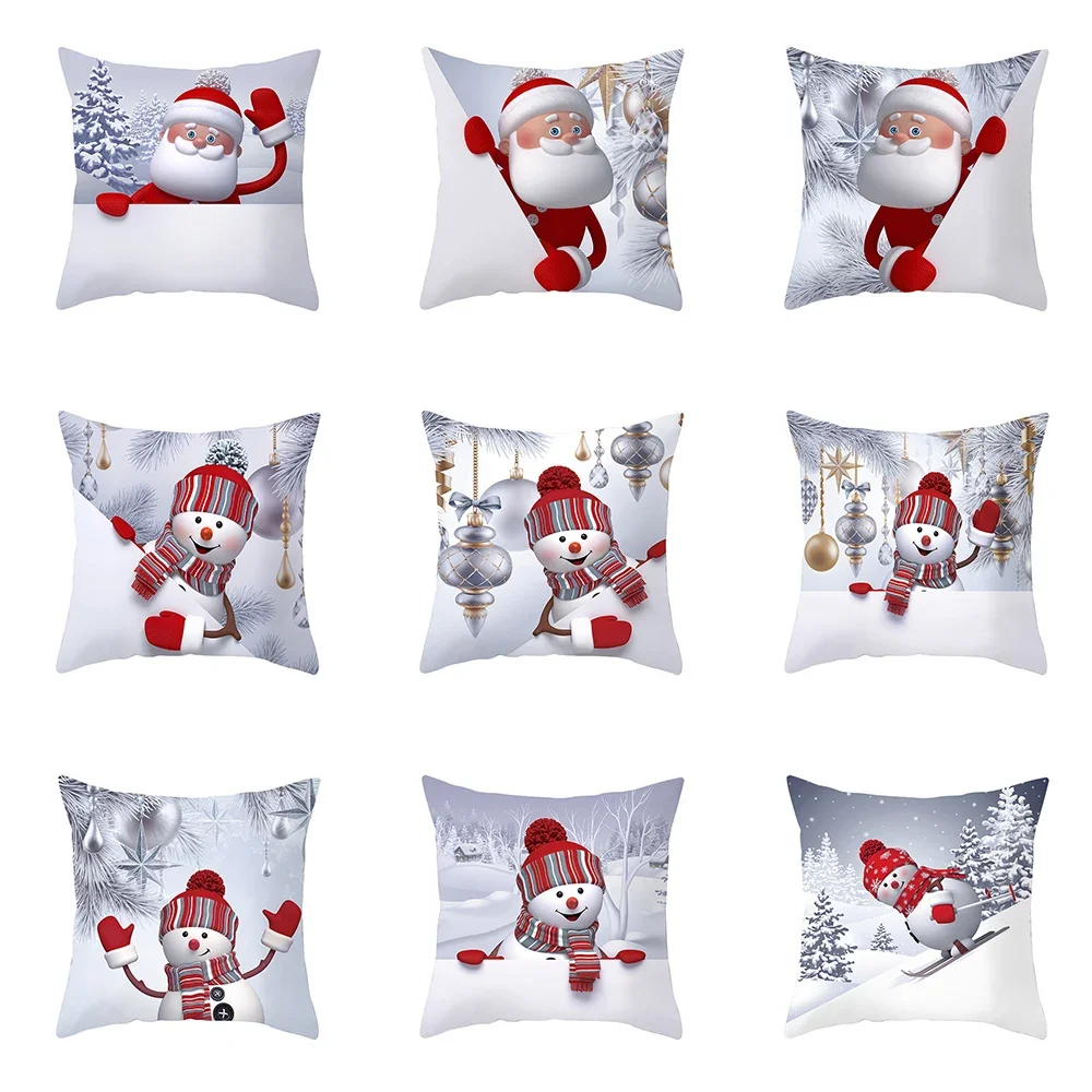 

Merry Christmas Santa Claus Snowman Print Cushion Cover Home Living Room Sofa Decoration Square Pillow