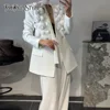 TWOTWINSTYLE Solid Two Piece Set For Women Lapel Long Sleeve Spliced Appliques Coat High Waist Wide Leg Pant Chic Sets Female 1
