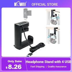 KIWI 2 in 1 Headphone Stand with 4 USB Ports PC Gaming Headset Holder Hanger 360 Degree Rotation Underdesk Headphone Hook Mount