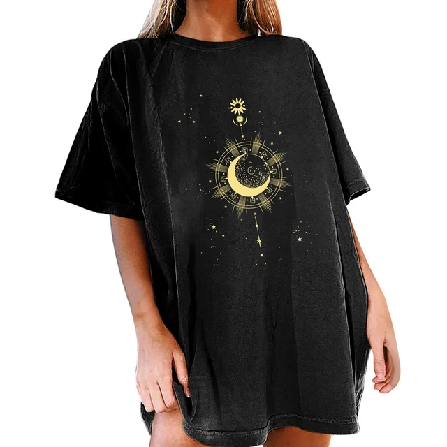 Seeyoushy 2023 Harajuku Women Drop Shoulder T Shirt Golden Sun