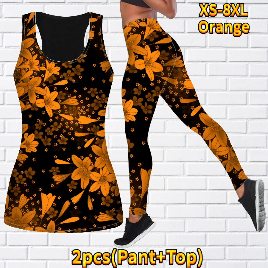 Women\'s Two Piece Yoga Set Fashion Casual Sports Tank Top Yoga Set 3D White Lily Print Sportswear Set XS-8XL