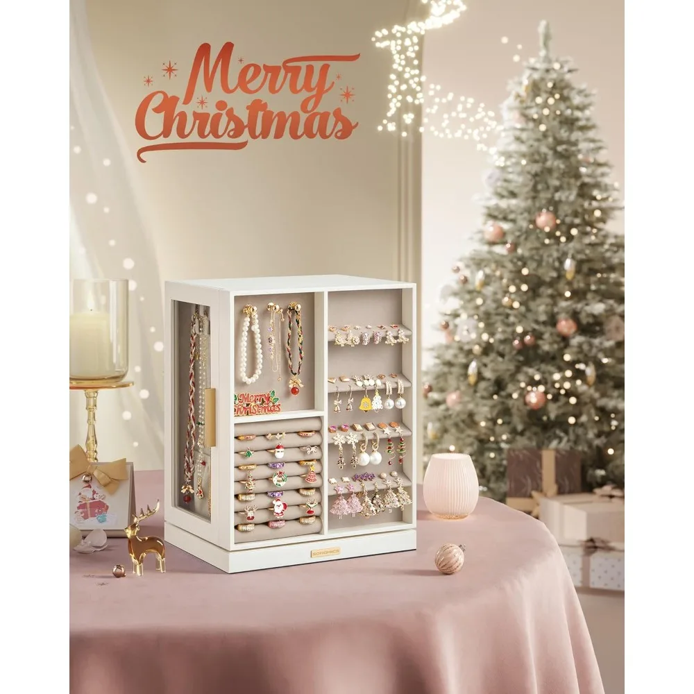 Box 360° Rotating, Jewelry Storage Case with 5 Drawers, Jewelry Organizer, Glass Window, Spacious