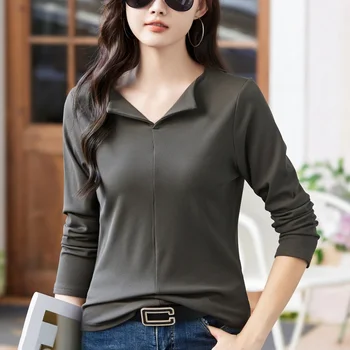 جديد تنوعا سميكة الدافئة القمم الخريف الشتاء عادية سليم تي شيرت المرأة موضة بدوره إلى أسفل طوق بلون كم طويل تي شيرت 3