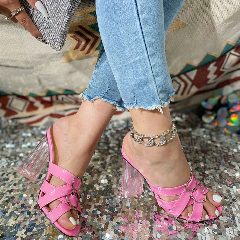 Kcenid Summer Narrow Band Button Women Slippers Street Style Design Transparent Square High Heels Metal Buckle Women Sandals