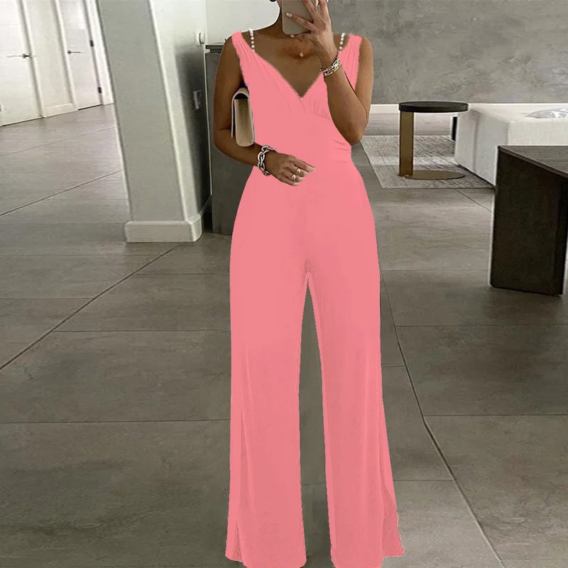 

Fashion Solid High Waist Long Pants Playsuits Female Vintage Pleated Formal Occasion Rompers Sexy Deep V Beaded Tank Jumpsuits