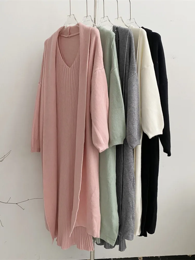 

Fall Winter Knitwears Two Piece Sets Ladies Elegant Solid Soft Knitted Long Sleeve Cardigans+straped V Neck Knitting Dress Sets