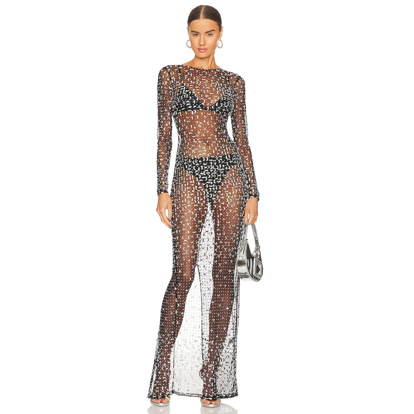 

See Through Luxuary Beading Max Dress Long Sleeve High End New Fashion Women Dress