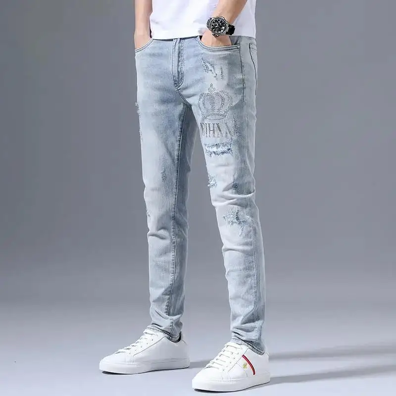 Fashion Stretch Denim Jeans Men's Spring Autumn Ripped Retro Hot Drill Embroidery Slim Small Feet Blue Versatile Long Pants