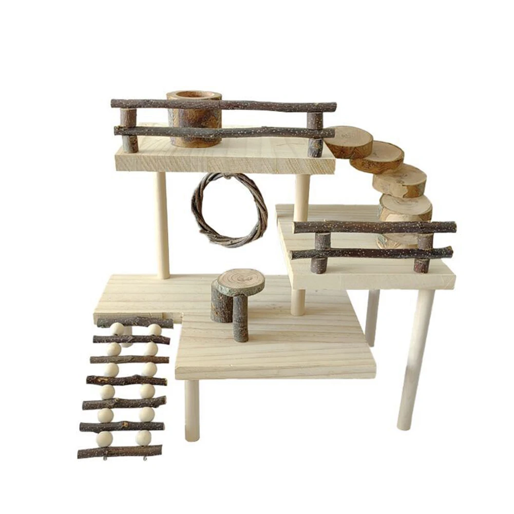 Wooden Hamster Platform with Fence Climbing Ladder 3 Tier Handmade Guinea Pig Playground Small Animals Exercise Activity Toy hamster supplies hamster cage toy