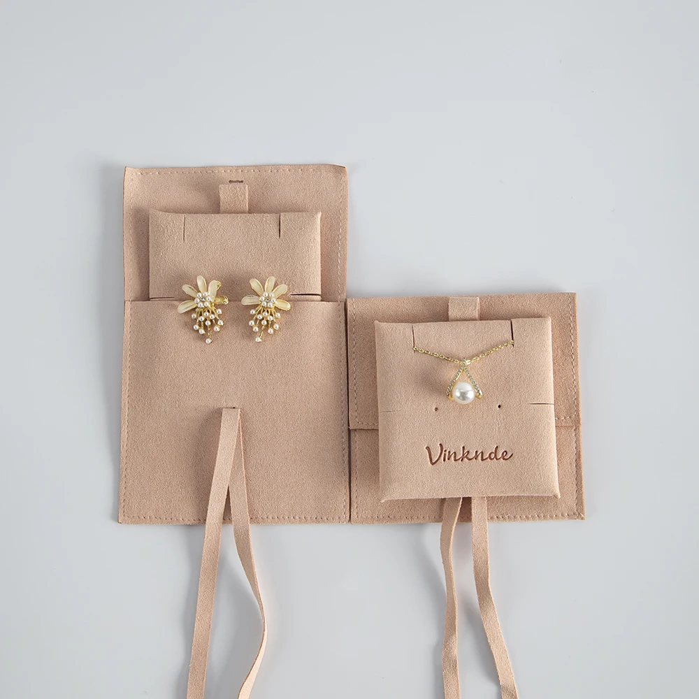 Peach Embossed Print DIY Ribbon Flap Suede Microfiber Packaging Bag Jewelry Pouch Ring Necklaces Earring Organizer Bag with Card