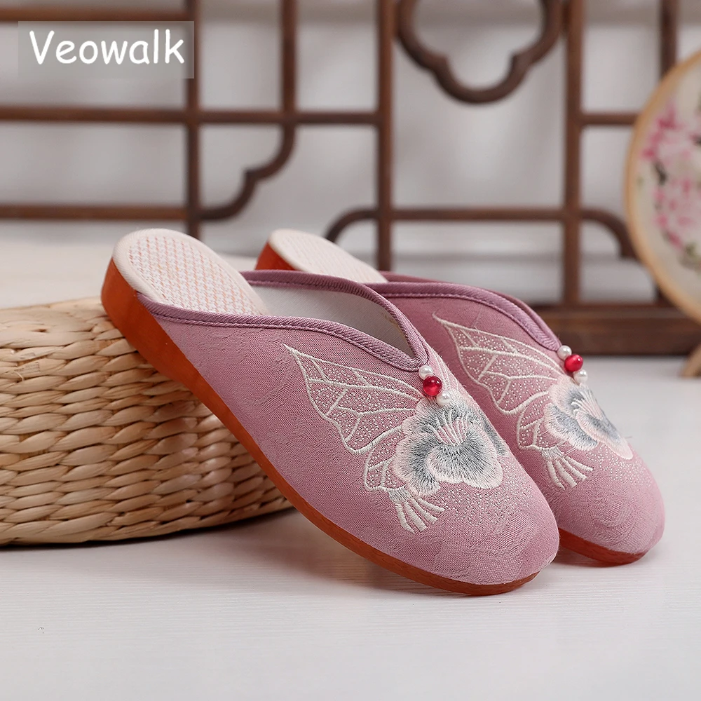 

Мюли Veowalk женские, мягкие удобные жаккардовые, хлопок, закрытый носок, плоская подошва, Китайская вышивка, розовые, красные, на лето-весну
