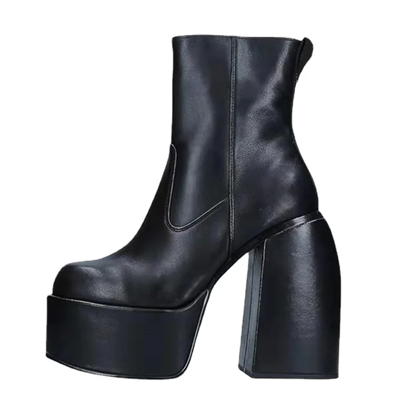 Punk Style Autumn Winter Boots Elastic Microfiber Shoes Woman Ankle Boots High Heels Black Thick Platform Long Knee High Boots