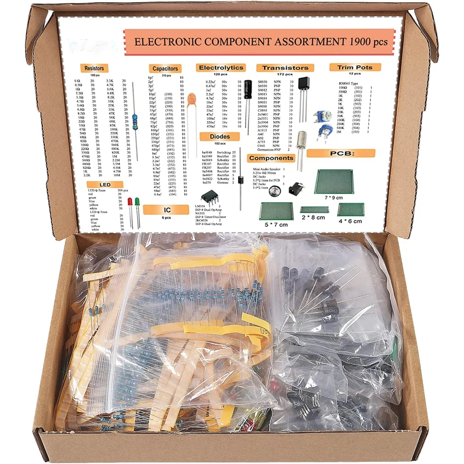 Mega Electronic Component Kit Assortment, Capacitors, Resistors, LED,  Transistors, Diodes, 1n270 Germanium, DC Jacks, opamp, PCB, Speaker, 1900  pcs