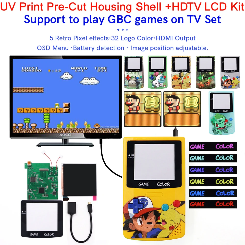 

UV Print DIY HD 720P HDMI-compatible TV RETRO PIXEL Q5 GBC IPS LCD Large SCREEN Backlight KIT For GameBoy Color w/Pre-cut Shell