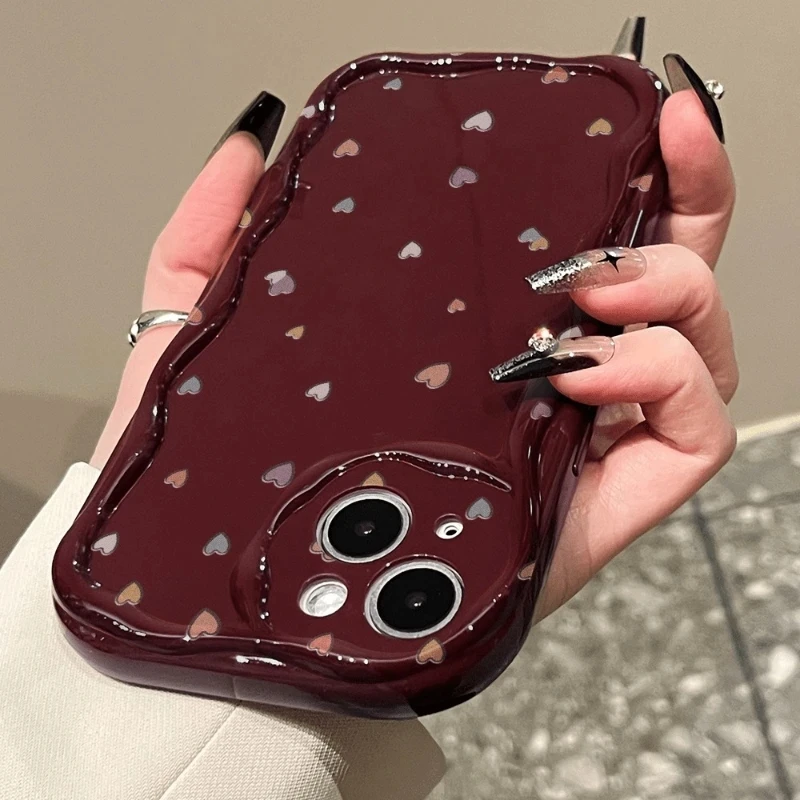Burgundy Wine Red Heart Pattern 3D Wavy Edge Soft Phone Case Cover