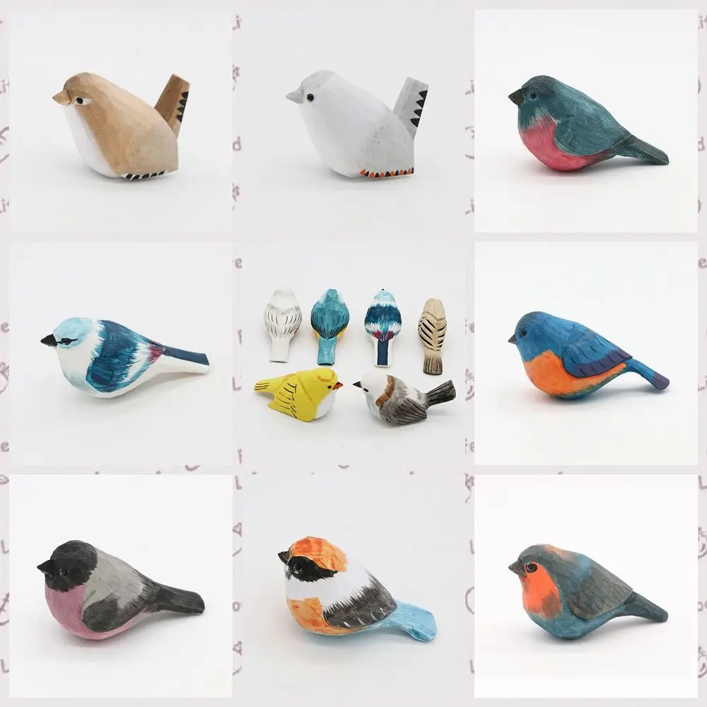 Creative Cute Wood Carving Bird Handmade Carving Small Bird Ornament Mini Painting Wooden Bird Figurine Birthday Gift