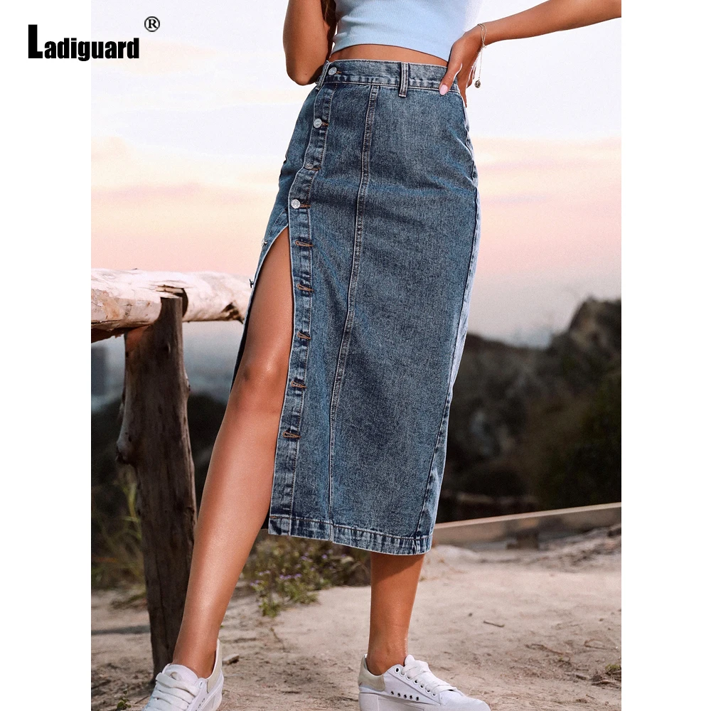 

Ladiguard 2023 Single Breasted Mid-Calf Denim Skirt Women Streetwear All-match Bodycon Dresses High Waist Straight Jeans Skirts