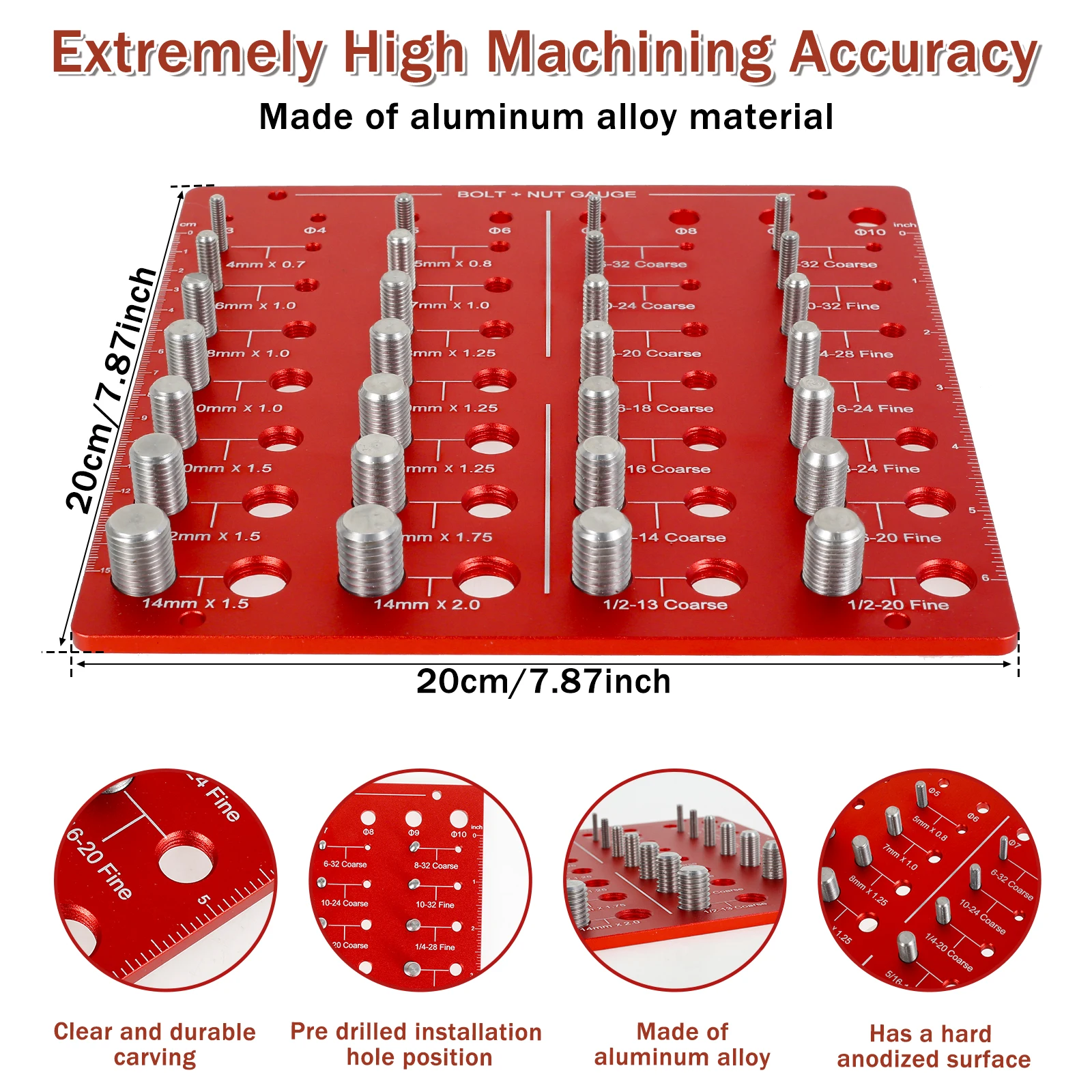 Nut and Bolt Thread Checker Aluminum Alloy 44 Thread Sizes Checker Identifier Gauge Precise Inch and Metric Inch MM Rule