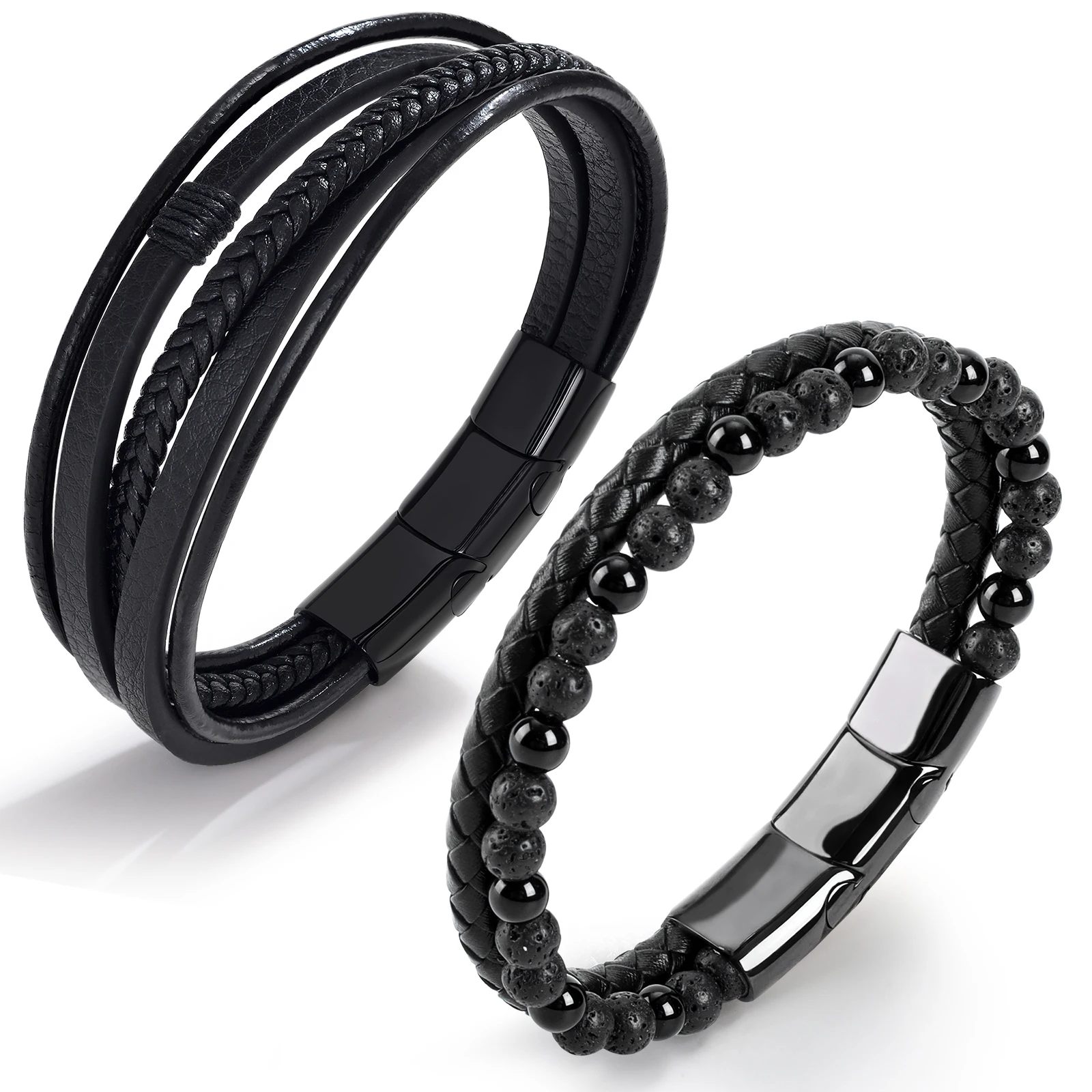 Mens Beads and cuff Bracelets Braided Leather bangles Bracelet with Stainless Steel Magnetic clasp for woman 2023 Gift